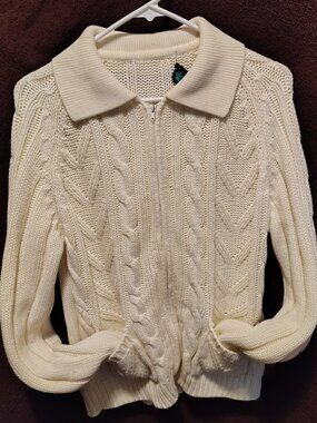 Women's Vintage 'Sigallo' Cream Cardigan Cable Knit Sweater w/ Zip Size Medium